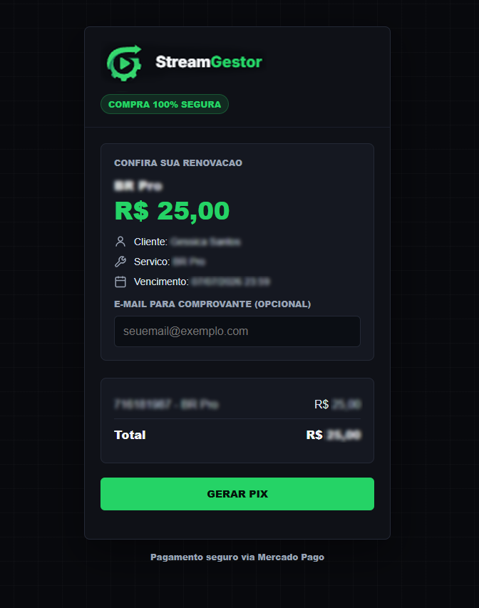 Tela de pagamentos do StreamGestor